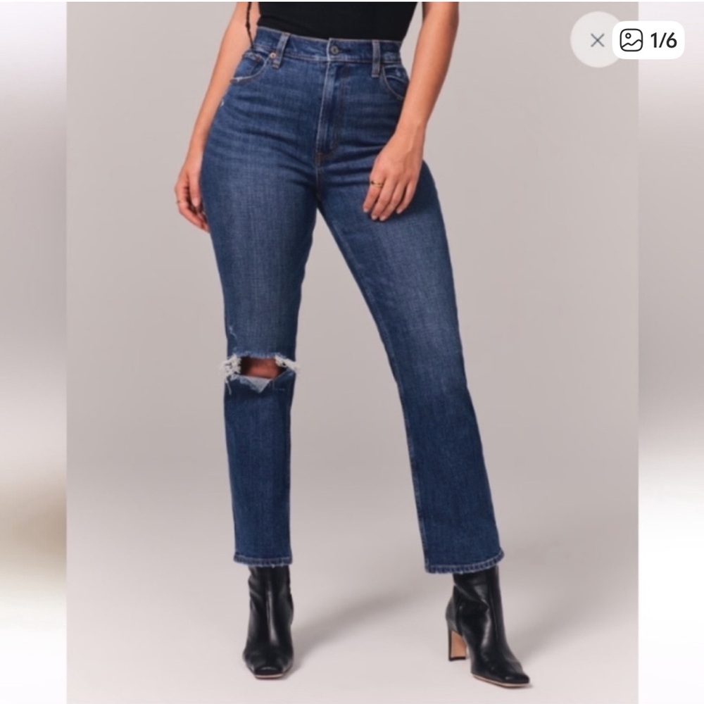 Abercrombie & Fitch Women's Dark Blue Ripped Jeans Curve Love